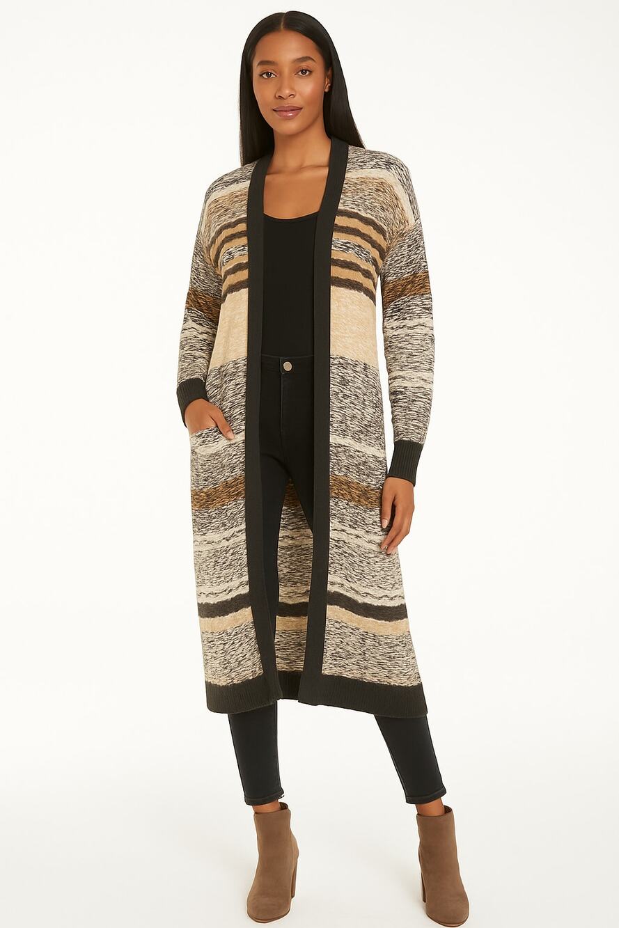 MARLED Acrylic Long Line Knitted Cardigan Large Grey Colorblock Striped NWOT